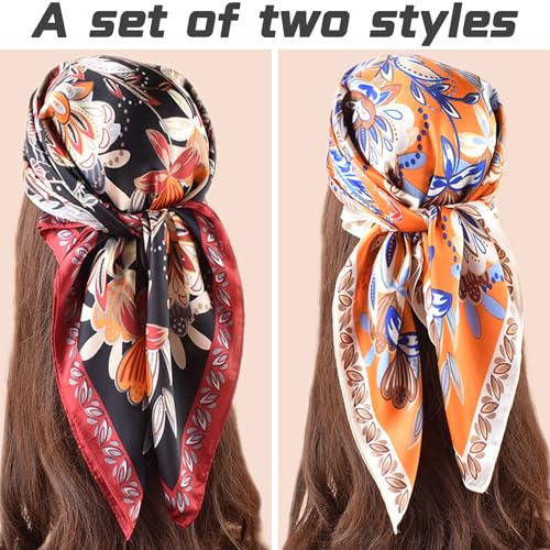 Square Ethnic Flowers Square Scarf - Simulated Silk Bandanas for Women Hair Wrap Sleeping4