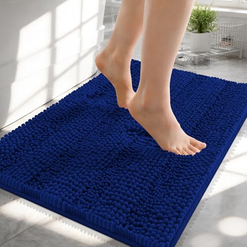 Image of OLANLY Thick Small Bathroom Rugs 24x16, Extra Soft Absorbent Chenille Striped Bath Rugs, Rubber Backing, Machine Wash, Bath Mats for Bathroom Floor, Tub and Shower, Home Decor Accessories, Navy