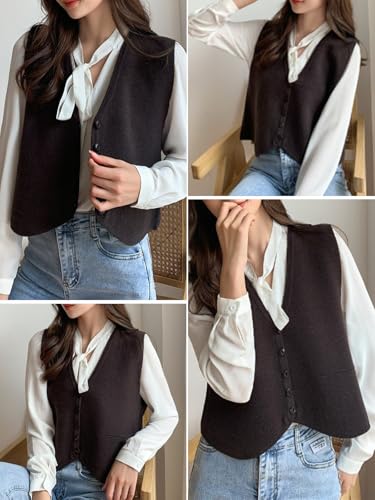 Image of Wowcarbazole Women's Cropped Sweater Vest Sleeveless V Neck Button Down Casual Knit Cardigan Vest Trendy Knitted Tank Tops