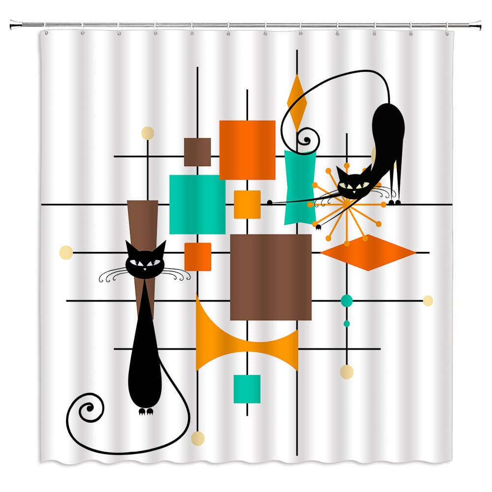 Jirgixa White Teal Orange Mid Century Atomic Cat Shower Curtain Modern Geometric Retro Atomic Starbursts Black Cat Abstract Minimalist Funny 1950S 60S Fabric Bathroom Decor Curtain With Hooks,