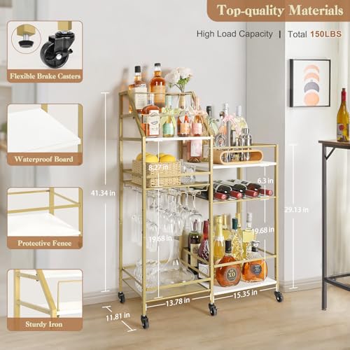 Image of VINAEMO Gold Bar Cart With Wine Glass Holder, Stand for Home, Small Mini Bar for Whiskey Wine, Liquor Cart, Alcohol Cabinet for Kitchen, Dining Room