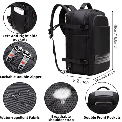 Asenlin Travel Backpack for Women Men，40L-50L Expandable Carry on Backpack，17 Inch Water Resistant Laptop Backpack for Weekender Overnight Extre Large Backpack-Black2