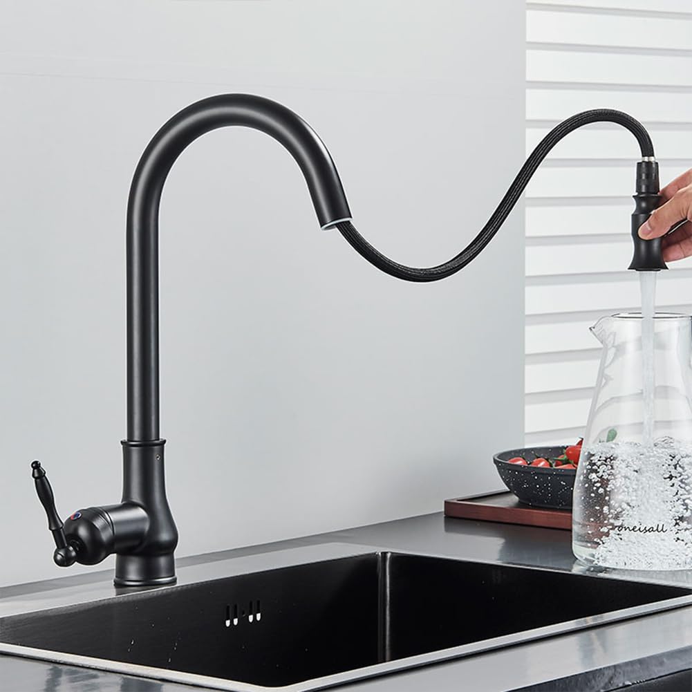 Wasserhahn Küche - Küchenarmatur Mit Brause Ausziehbar, Retro Antik Stil Messing Einhebel 360° Schwenkbar Spültischarmatur Mischbatterie, Hoher Auslauf Armatur Küche, Schwarz