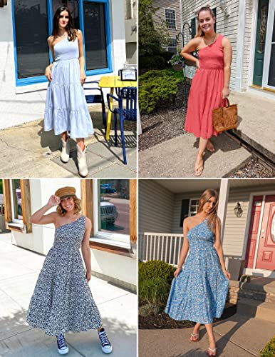 Image of ZESICA Women's 2026 Bohemian Summer Floral Print One Shoulder Sleeveless Smocked Ruffle Tiered Beach Long Midi Dress