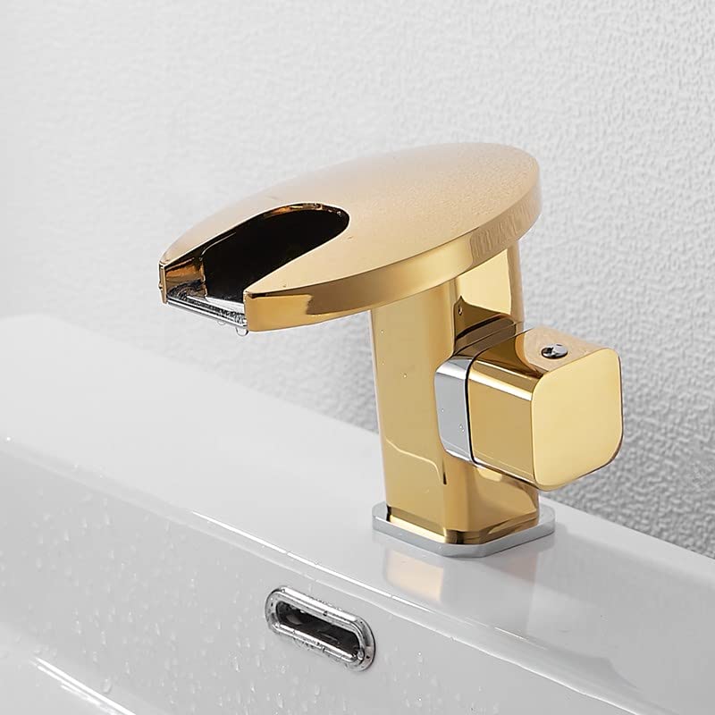 Robinet mitigeur de salle de bains LED design cascade dorée haut de gamme