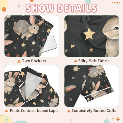 senya Rabbit Star Black Satin Summer Pajama Sets Silk Short Sleeve Button Down Sleepwear3