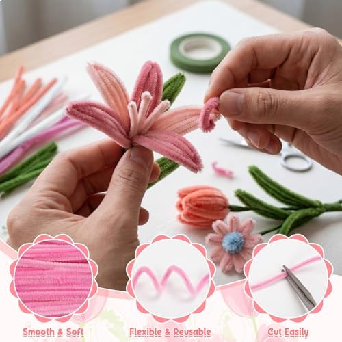 590Pcs Pipe Cleaner Flower Craft Kit - Pink White Green Pipe Cleaners with Flower Stems, Floral Tape, Stamen, Ribbon - DIY Art & School Projects, Funny Gifts for Birthday, Christmas & Mother's Day (Pink Series) - 4