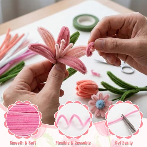 590Pcs Pipe Cleaner Flower Craft Kit - Pink White Green Pipe Cleaners with Flower Stems, Floral Tape, Stamen, Ribbon - DIY Art & School Projects, Funny Gifts for Birthday, Christmas & Mother's Day (Pink Series) by AOGEWON - Image 5