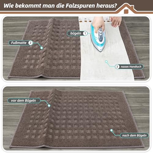 BEQHAUSE Fussmatte Innen, waschbar Fußmatte Innen, rutschfeste Schmutzfangmatte 60x90cm, Teppich Eingangsbereich Innen für Hund, Innenbereich, Haustür, Flur, Braun