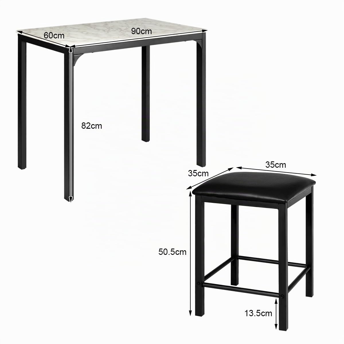 GIANTEX Table Haute de Cuisine & 2 Tabourets, Ensemble 3 Pcs de Salle à Manger pour 2 Personnes, Table Bar Cuisine Moderne & Compacte en Finition Faux Marbre, Mange-Debout pour Bistro, Salon (Blanc)