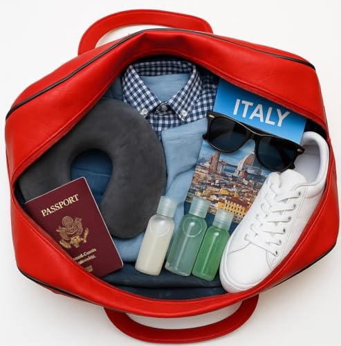 Image of Nautica Unisex 25L PU Duffle Bag for Travel | Stylish Leatherette Cabin Luggage with Smooth Zippers | Compact, Comfortable & Spacious for Weekend Trips, Gym & Everyday Use | RED