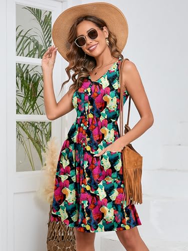 Image of Heymoments Women's Summer Dresses Sleeveless Casual Fashion Loose Swing Button Down Beach Dress with Pockets