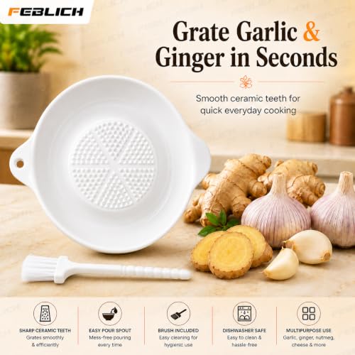 Image of Ceramic Garlic Grater Plate with Brush Manual Crusher Grinder Tool for Ginger, Garlic, Turmeric, Nutmeg, Fruits & Vegetables Durable, Easy to Clean, Non-Slip Kitchen Utensil (Small)
