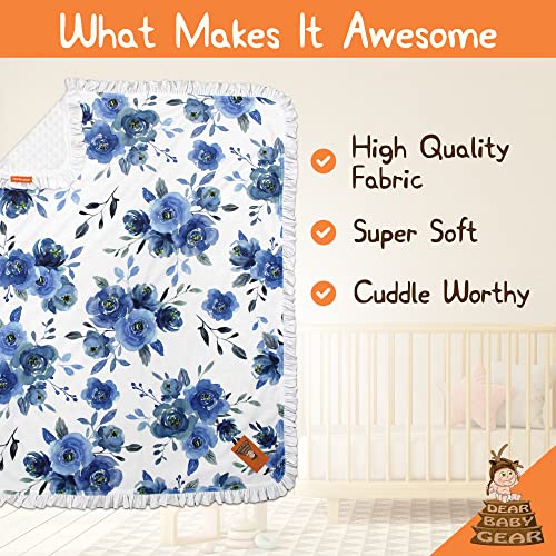 Image of Dear Baby Gear - Reversible Baby Blankets - Soft Nursery Blanket for Newborn - Toddler Blankey - Throw Blanket for Boys & Girls - Infant Blankets - 43x33 (Blue Watercolor Roses on White w /Ruffles)