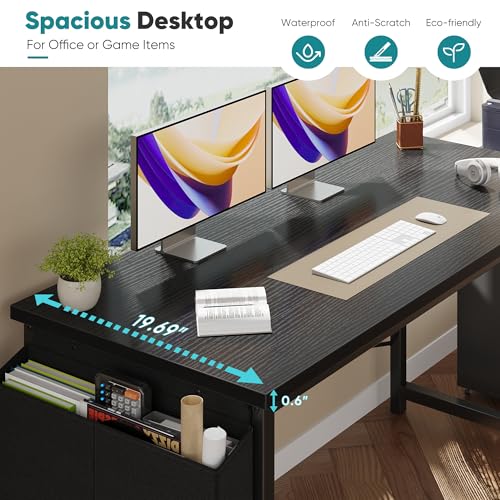 Image of OLIXIS Computer Desk, 47 Inch Gaming Desks for Home Office Small Spaces | Writing Study Craft Work Table, Computer Workstation for Bedroom with Storage Bag, Black