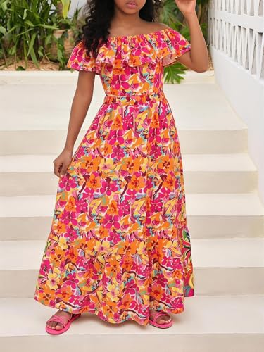 Image of BEAUDRM Girl's Summer Outfits Tropical Summer Dress Hawaiian Off Shoulder Tops and Ruffle Skirt Set Vacation Beach Clothes