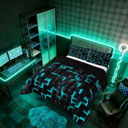 Image of Erosebridal Neon Black Teal Boys Comforter Set Full Geometric Checkered Turquoise Bedding Set for Kids Teen Men Gaming Room Decor,Abstract Ombre Plaid Comforter Grids Quilt Duvet
