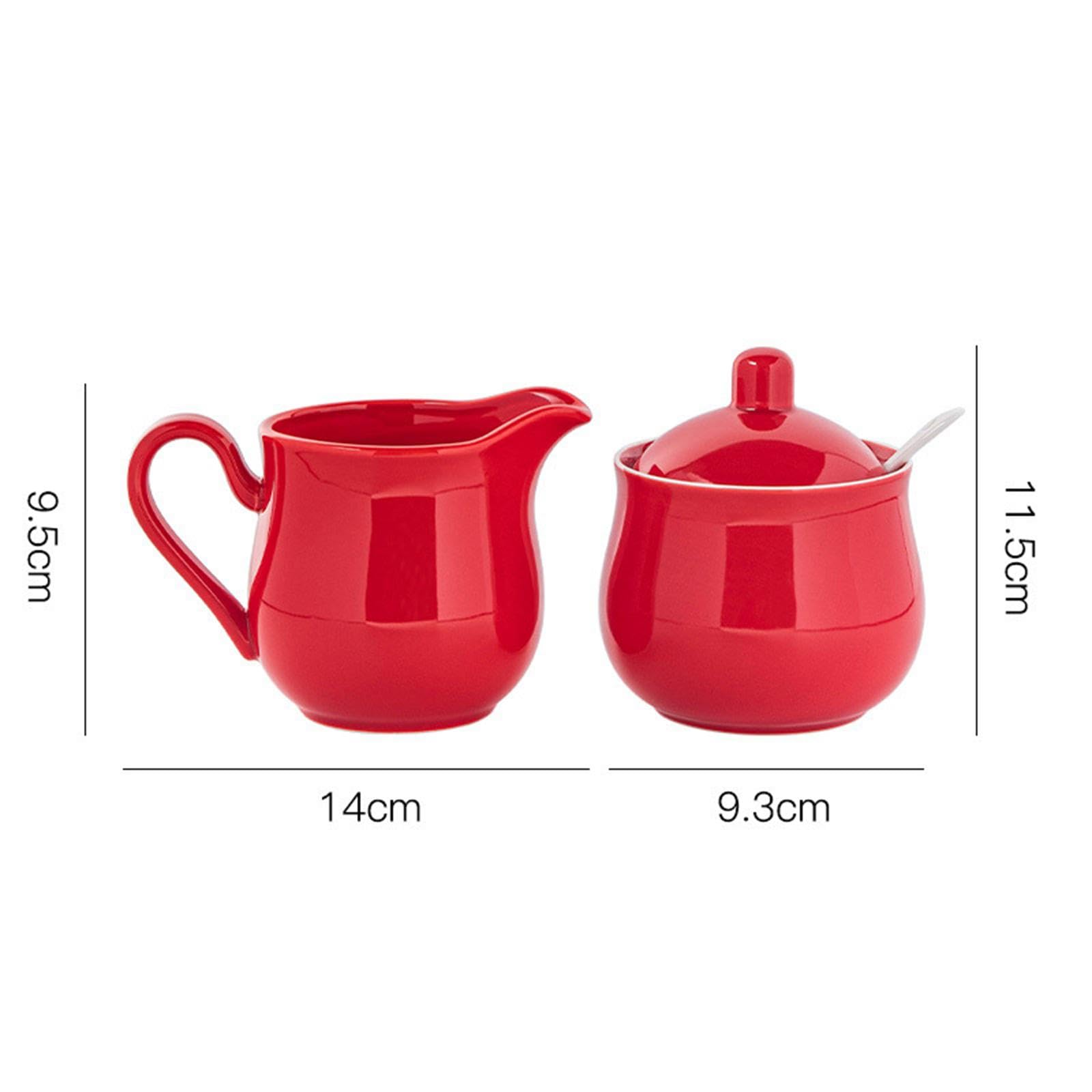 Amagogo Juego de azucarero y Crema de cerámica, azucarero con Tapa y Cuchara, Uso doméstico, práctico, Decorativo, Jarra para Crema, Rojo