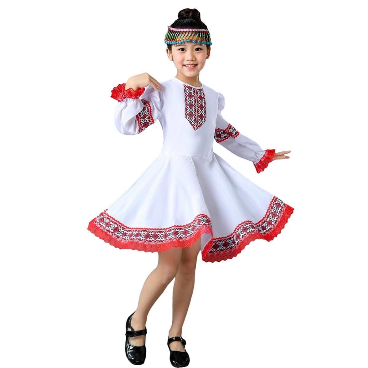 Girls Russian Performance Dance Dress Ethnic Puff Long Sleeve Traditional Dress Up with Headpiece White