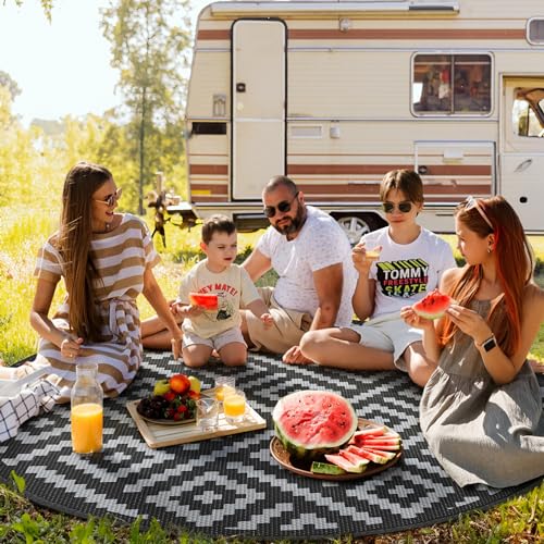 Image of GENIMO Outdoor Rug, Waterproof Plastic Rugs for Patio, 8' Round Black Grey | Outside Larger Modern Carpet Mat for Deck Decor, Porch, Balcony, Backyard, Camping, Picnic, Beach, RV, Reversible, Foldable