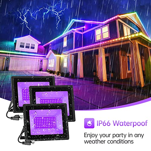 Image of Black Lights 3 Pack 100W IP66 Waterproof Black Flood Light with Plug (6ft Cable) for Blacklight Party, Stage Lighting, Fluorescent Poster and Neon Glow in The Dark Night