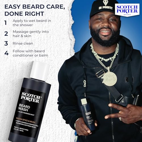 Image of Scotch Porter Moisturizing Beard Wash Shampoo, Warm Spice & Musk | Cleanse, Hydrate & Soften Coarse, Dry Facial Hair while Protecting Skin, Fuller-Looking Beard - Original Scent, 4 oz. Bottle