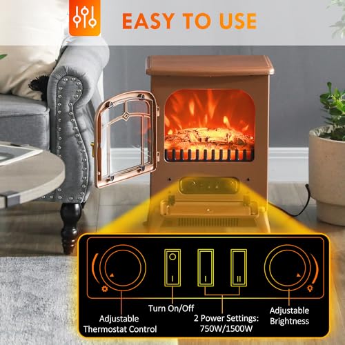 ESPIDOO Electric Fireplace Heater Stove with LED Flames - 750W/1500W Freestanding Indoor Fireplace - Traditional Brown Metal Design for Office Studio & Small Space Heating & Decorative Use - Image 4