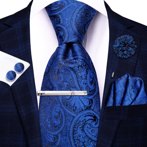 Image of Hi-Tie Mens Paisley Floral Striped Ties Set Silk Necktie and Lapel Pin for Men Pocket Square Cufflinks Set Business Wedding