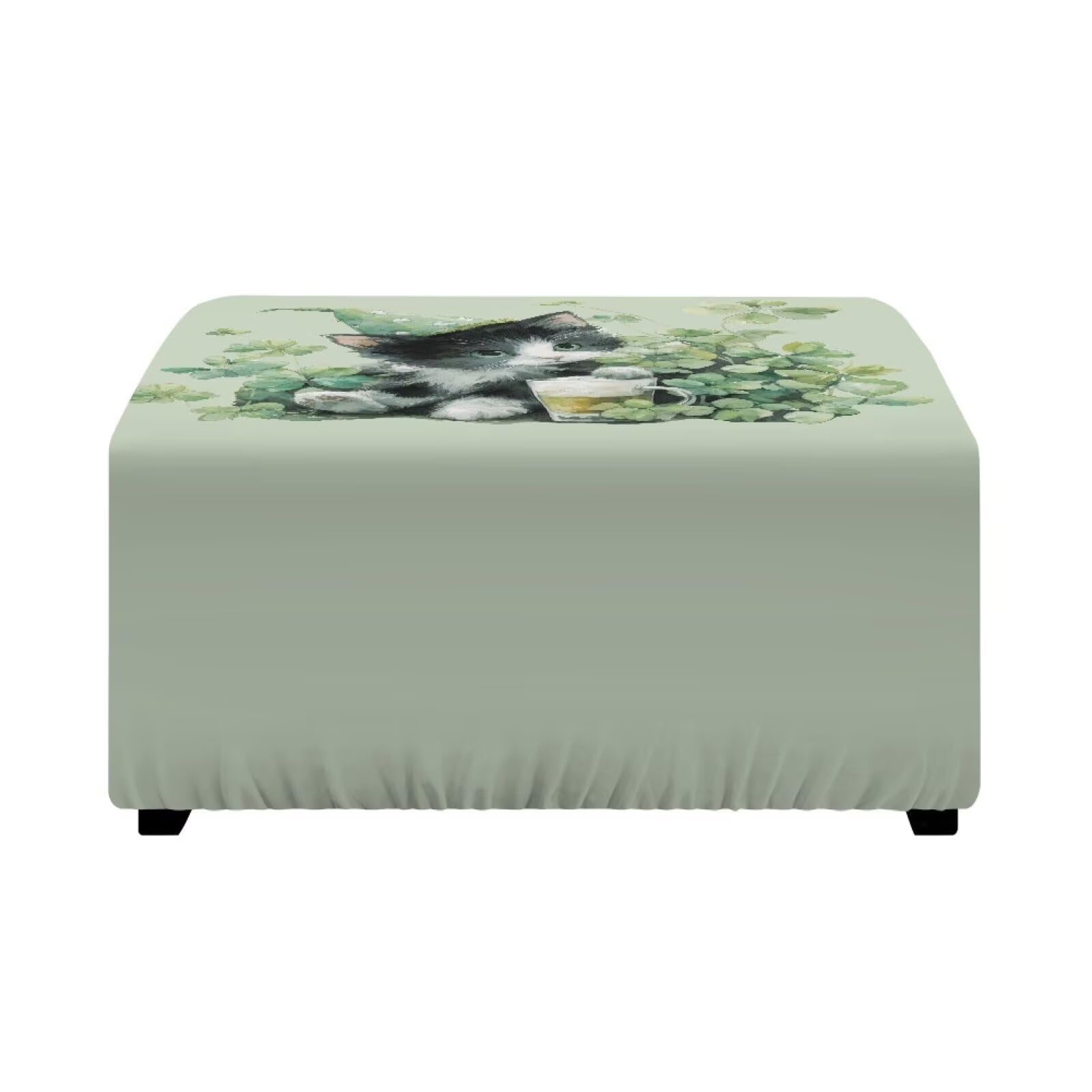 Xoenoiee Ottoman Cover Square Storage Ottoman Slipcover for St. Patrick's Day Stretch Footrest Stool Covers with Elastic Bottom for Rectangle & Square Ottomans, Cat Shamrock Green, Large