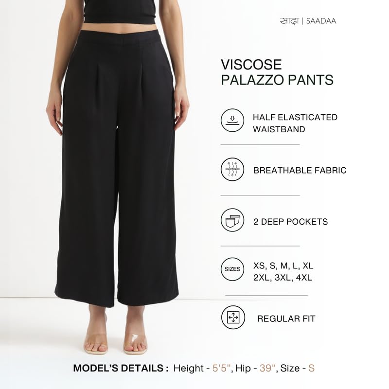 Image of SAADAA Palazzo Pants for Women Half-Elasticated Waistband | Palazzo for Women in Soft Viscose Fabric | Regular Fit with Mid Rise Waist & Deep Pockets | Versatile for Formal & Casual Wear