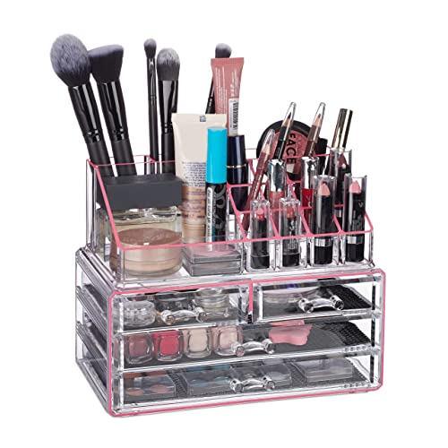 Tech Deals 🔥 Relaxdays Organizer with 4 Drawers, Cosmetics Holder for Nail Polish and Lipstick, Acrylic Makeup Kit, Pink Stripes, Pack of 1