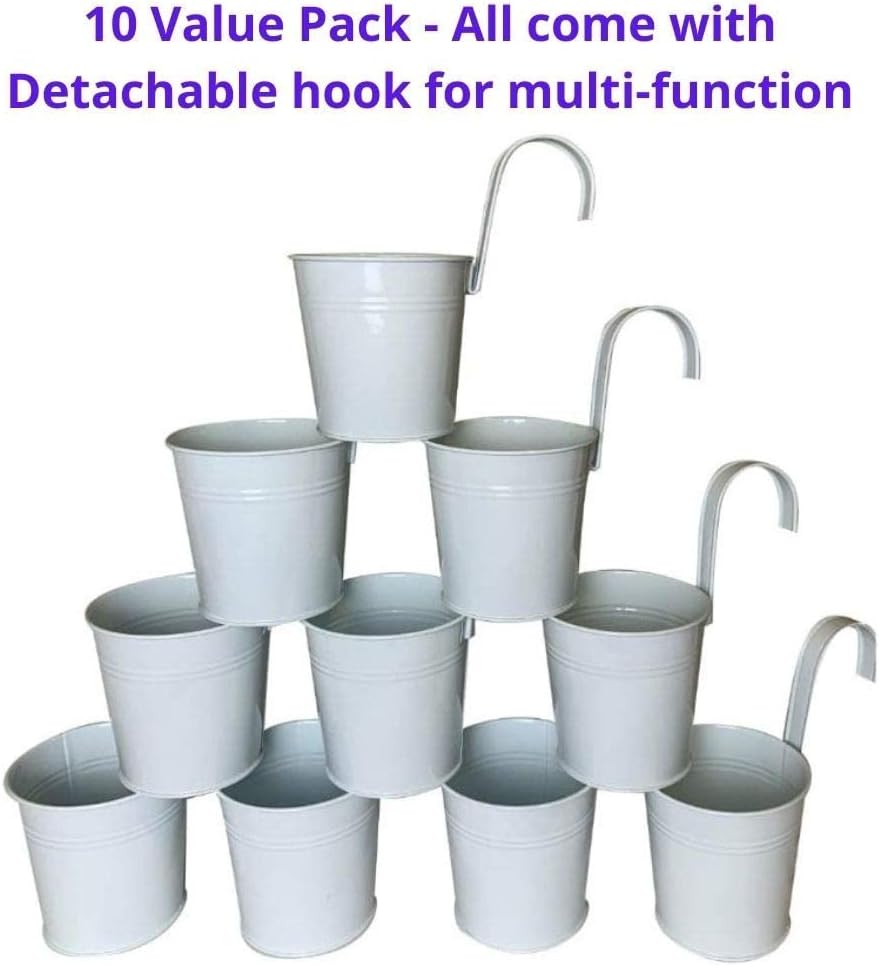 LaLaGreen Bundle - 6" x 10 Pack + 4" x 10 Pack White Metal Iron Hanging Flower Pots Balcony Railing Herb Garden Bucket Fence Planter for Outdoor Plants Flower Deck Rail Porch Window Box Hooks