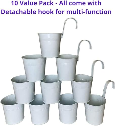 Miniatura 9 de LaLaGreen - Maceta colgante de 6 pulgadas, paquete de 10 macetas grandes de metal blanco sobre riel, barandilla de balcón, cubos colgantes para