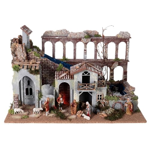 Holyart Aqueduct, house with fire and Moranduzzo's Nativity Scene with 10 cm figurines, 19th century style, 60x30x40 cm