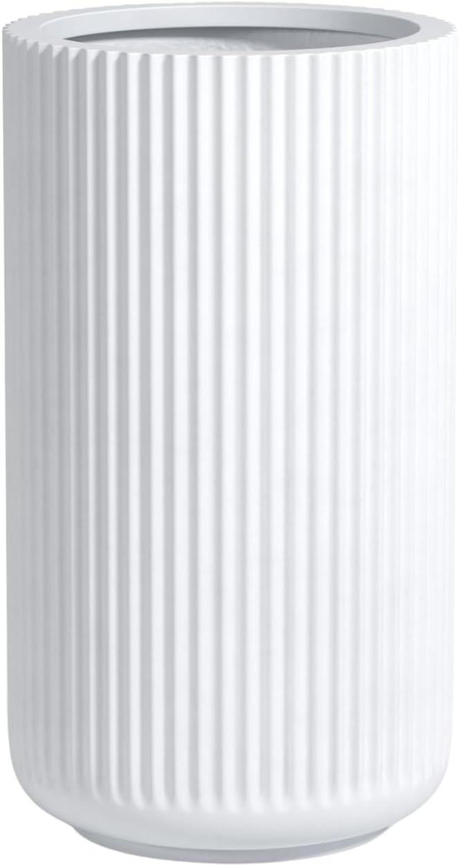 DTY Signature Mount Elbert 1-Piece Fluted Fiberstone Planter for Indoor/Outdoor, White, 19" H x 14" Dia (12" Opening) - Medium