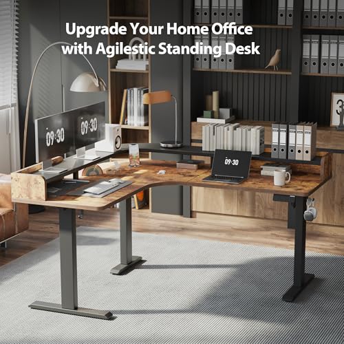 Image of Agilestic L Shaped Standing Desk, Corner Desk with Monitor Shelf, Adjustable Height Gaming Table, Sit Stand Up Table, 63 x 55 Inch Home Office Computer Workstation, Splice Board, Rustic Brown
