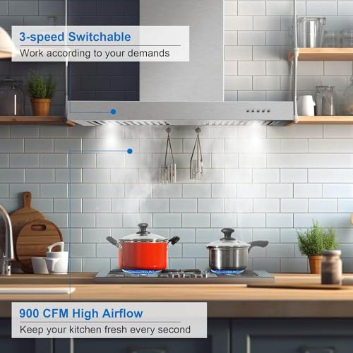 Image of Wall Mount Range Hood 30 Inch T Shape 900CFM Stainless Steel Vent Hood with Split Type Permanent Grease Baffle Filter, Stove Hood Chimney Style Kitchen Exhaust Fan, Ductless Convertible
