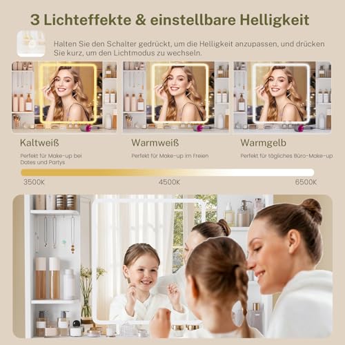 TEENFON Tocador, Tocador de Maquillaje con Luces y Espejo, Mesa de Maquillaje con Toma de Corriente, Mesa de Maquillaje con 4 Cajones, 4 Estantes Abiertos, 5 Ganchos de Joyería para, Blanco - imagen 3