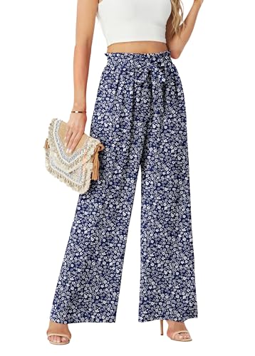 FREEOAK Loose Palazzo Pants for Women Floral Print Work Casual Flowy Trousers Wide Leg Business Spring Breathable Travel Beach Plus Size