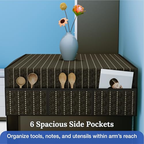 Image of Kuber Industries Jute Fridge Top Cover | Washable & Anti-Dust Refrigerator Top Cover with 6 Utility Pockets for Kitchen | Lining Design - Brown