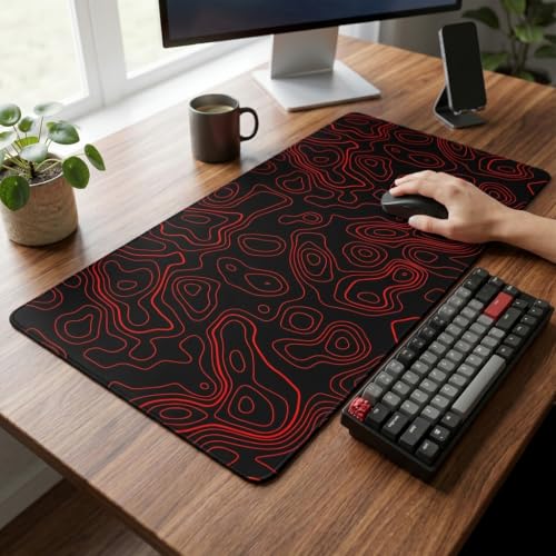 Image of Extended Desk Mat 458 x 915 mm | Premium Abstract Desk Mat with Stitched Edges | 3mm Thick Non-Slip Desk Pad for Gaming, Office & Workstation (Black-Red Topography Abstract)
