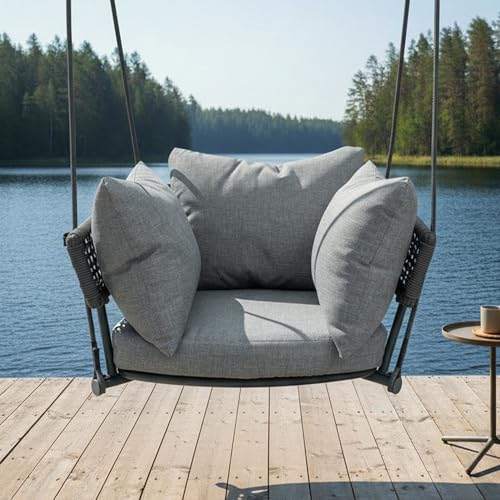 Image of Single Seater Porch Swing, Macrame Hanging Swing Chair Outdoor, Hammock Chairs for Adults, Outdoor Patio Swings with Cushions, Rope Rattan Hanging Chairs, Reading Nook Chair for Bedroom, Grey