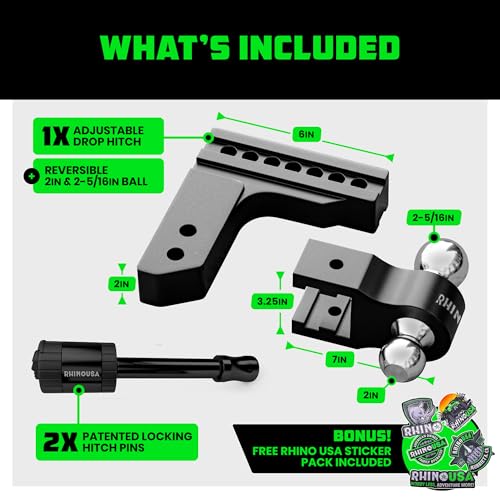 Image of Rhino USA Adjustable Trailer Hitch (Fits 2-Inch Receiver) - Heavy Duty Aluminum Tow Hitches with 6-Inch Drop /Rise for Truck (12,500 LBS GTW) - Weatherproof Double Anti-Theft Locking Hitch Pins (Black)