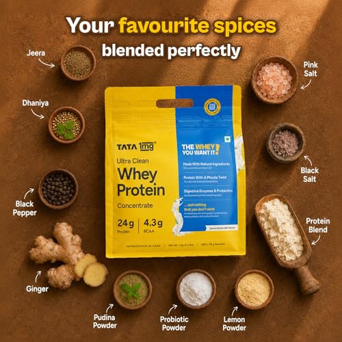 Image of Tata 1mg Ultra Clean Whey Protein Concentrate - Spiced Buttermilk (Masala Chaas), 1kg | 24g protein, 4.3g BCAA & 30B CFU Probiotics-28 Sachets