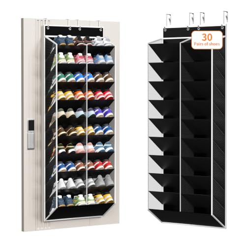 KEEPJOY 20-30 Pairs Over the Door Shoe Organizer, Mesh Hanging Shoe Rack for Door Storage with 20 Wide Deep Pockets,10-Tier Black Door Shoe Holder Fits Sneakers, Boots.