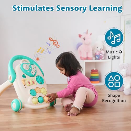 Image of Amazon Brand - Supples Baby Walker with Music, LED Lights & Handle | Push Activity Walker with Water /Sand Tank for Stability | Learning Toy for Toddlers 9+ Months | Beige & Sea Green