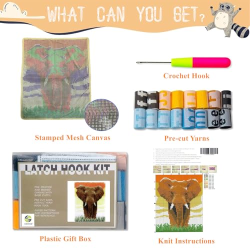 Image of Latch Hook Kits for Adults - DIY Latch Hook Rug Kits, Crochet Kit for Beginners, Rug Making Kits with Printed Canvas, Gift Packaging. (Elephant,15x21)