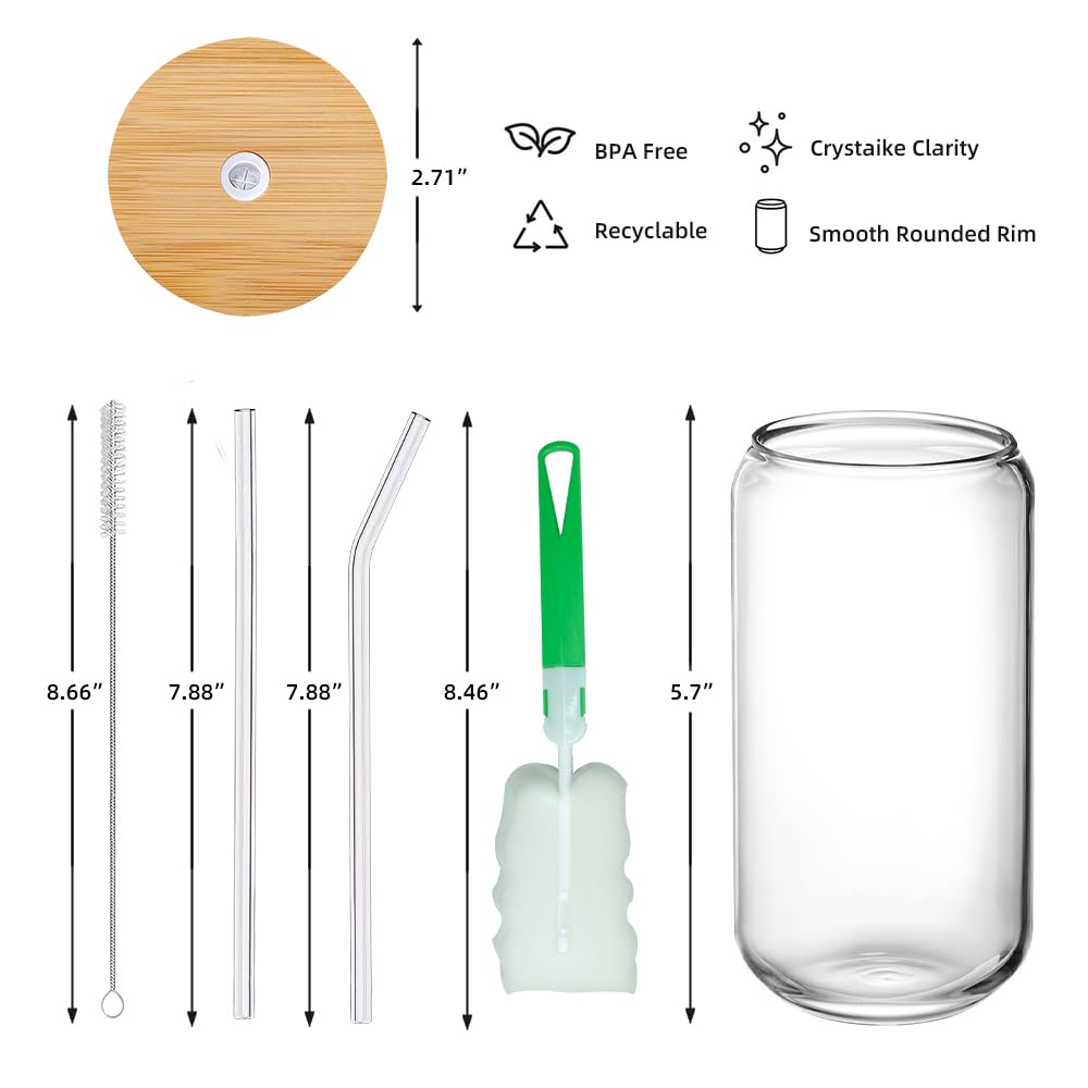 DAMCONME Glass Cups with Bamboo Lids and Straws, 16oz Glass Cup with Lid and Straw, Glass Coffee with Lid and Straw, Drinking Glasses,Beer Glasses, Iced Coffee Cups 9 Pack