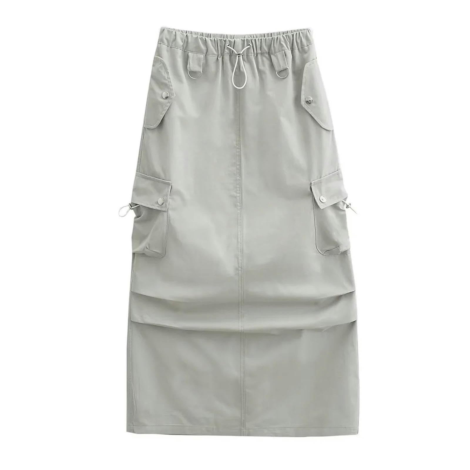 Dolce e Fresco Abbigliamento da Lavoro con Spacco sul Retro Gonna Lunga Estiva Gonna Casual Versatile con Tasche Grandi - Grigio Verde - M