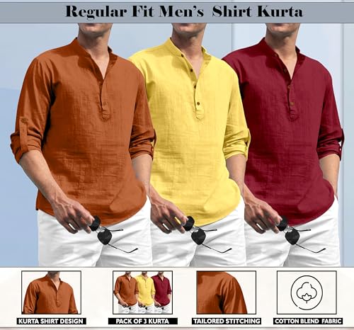 Image of Zombom Combo of Men's Solid Cotton Polyester Blend Full Sleeve Mandarin /Chinese Collor Straight Kurta Shirt (Pack of 3)
